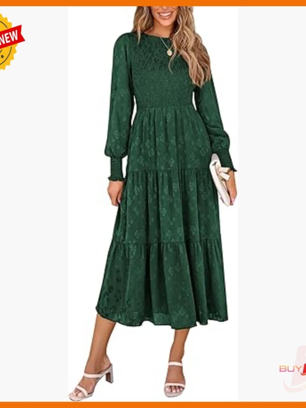 Long Sleeve Midi Dress with Pockets, Smocked Waist, Floral Jacquard